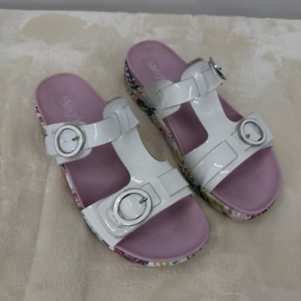 Alegria Vita Platform Slide Sandals 39 US 9 White Patent Leather Pink Floral - Picture 2 of 14